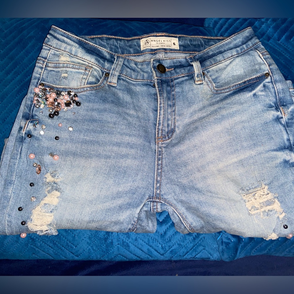 Angel Kiss- Beaded/Rhinestone Light Blue Denim Jeans